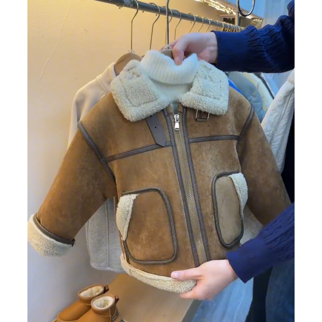 2025新款男童皮毛一体加绒外套羊羔绒机车服加厚冬季保暖棉服