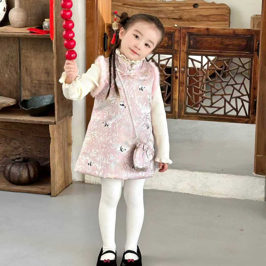 女童新中式熊猫旗袍连衣裙套装