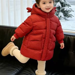 儿童加绒加厚羽绒服冬季宝宝排骨服中长款男女童红色