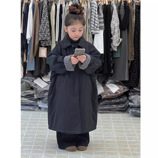 2025新款翻领中长款棉服女童收腰保暖外套冬季加厚黑色大衣