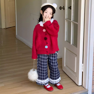 秋冬女童港风红色花朵开衫三件套