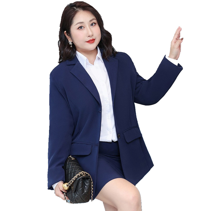 大码职业装大学生胖mm蓝色西服半身裙工装套装女200斤西装外套春