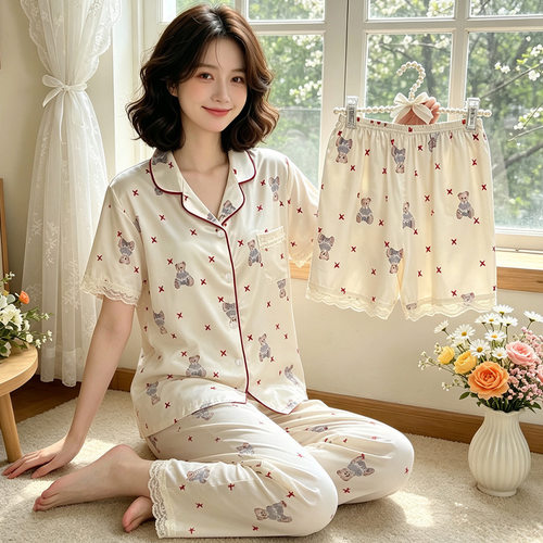 新款三件套睡衣女夏季卡通可爱小熊短袖家居服蕾丝边冰丝套装秋季