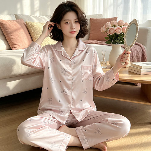法式甜美少女睡衣秋季网红蝴蝶结长袖家居服冰丝两件套可外穿翻领