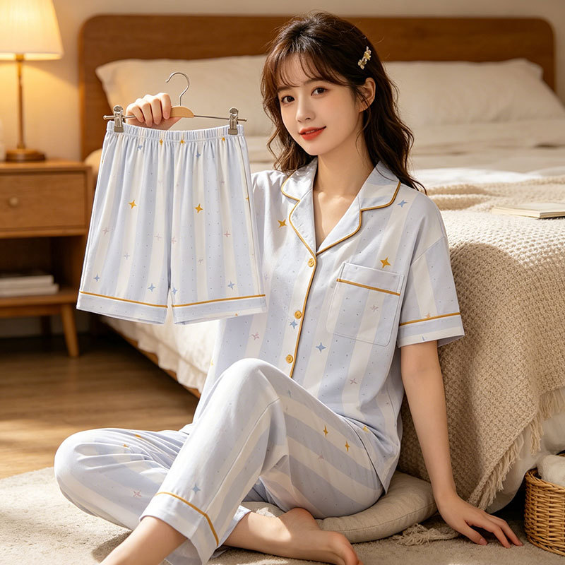 三件套！韩系女款睡衣女夏季开衫短袖休闲条纹外穿家居服套装薄款