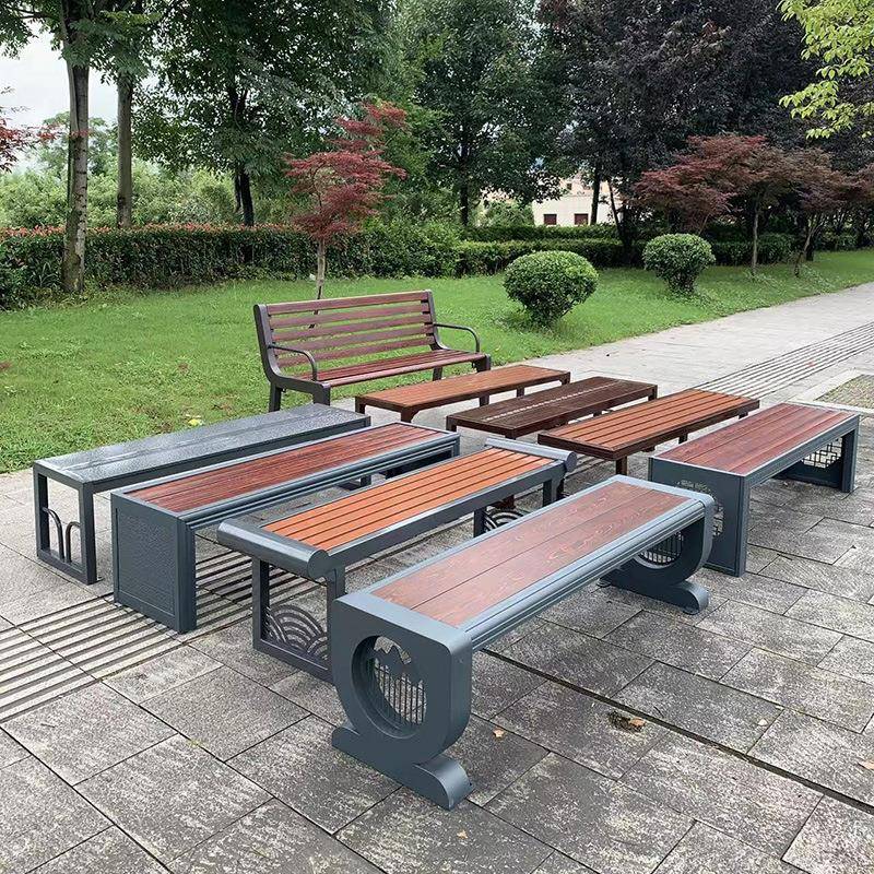 户外公共长椅公园小区塑木防腐休闲靠背椅实心木金属工艺长条椅子