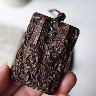 黑白无常沉香木牌吊坠一见生财天下太平文玩车挂件平安挂牌无事牌