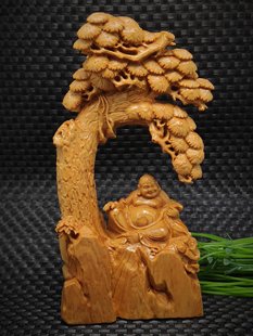 崖柏木雕树下大肚弥勒笑佛家居家用摆件送礼新中式装饰实木质供奉