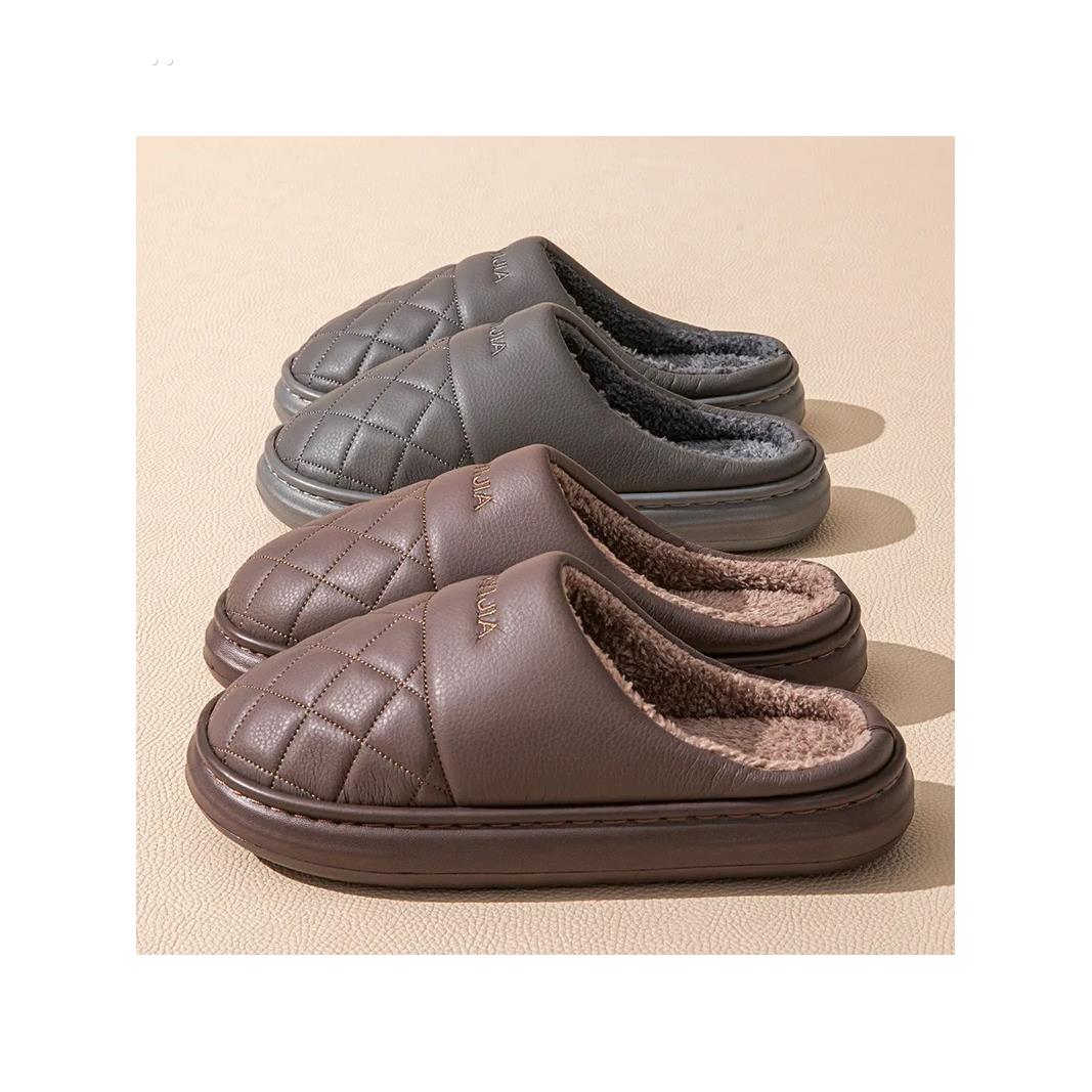 高档保暖加绒加厚棉拖鞋男冬季厚底新款家居室内防滑大码拖鞋男士