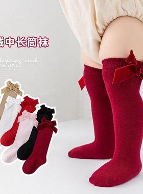 新生儿大红色周岁蝴蝶结公主春秋长筒袜宝宝袜子春季纯棉婴儿中筒