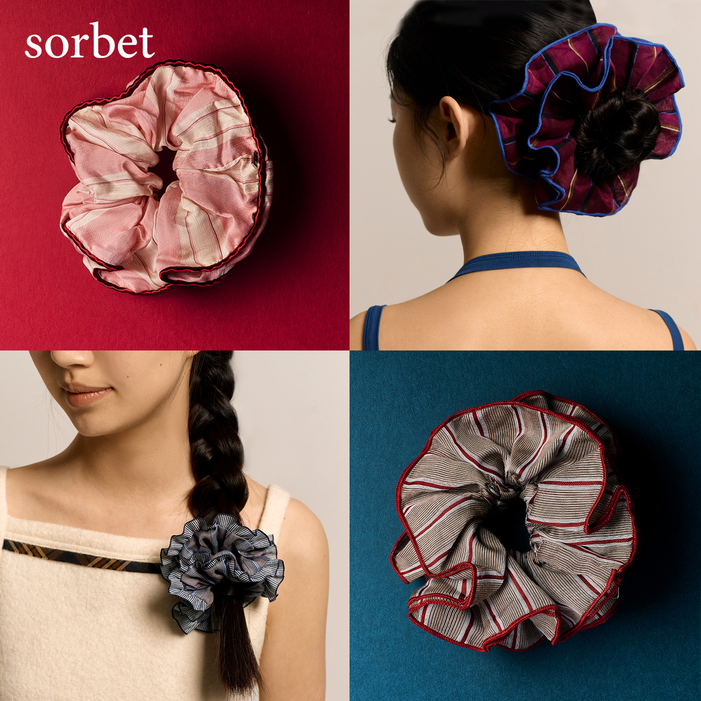 sorbet条纹花边大肠发圈双层头花