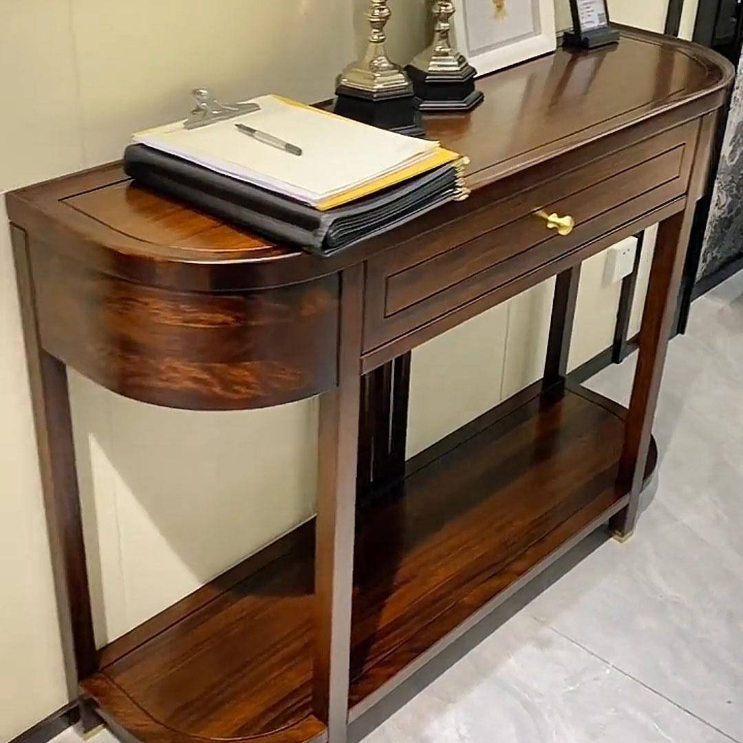 新中式乌金木玄关桌简约禅意半圆玄关柜入户靠墙端景台实木置物架