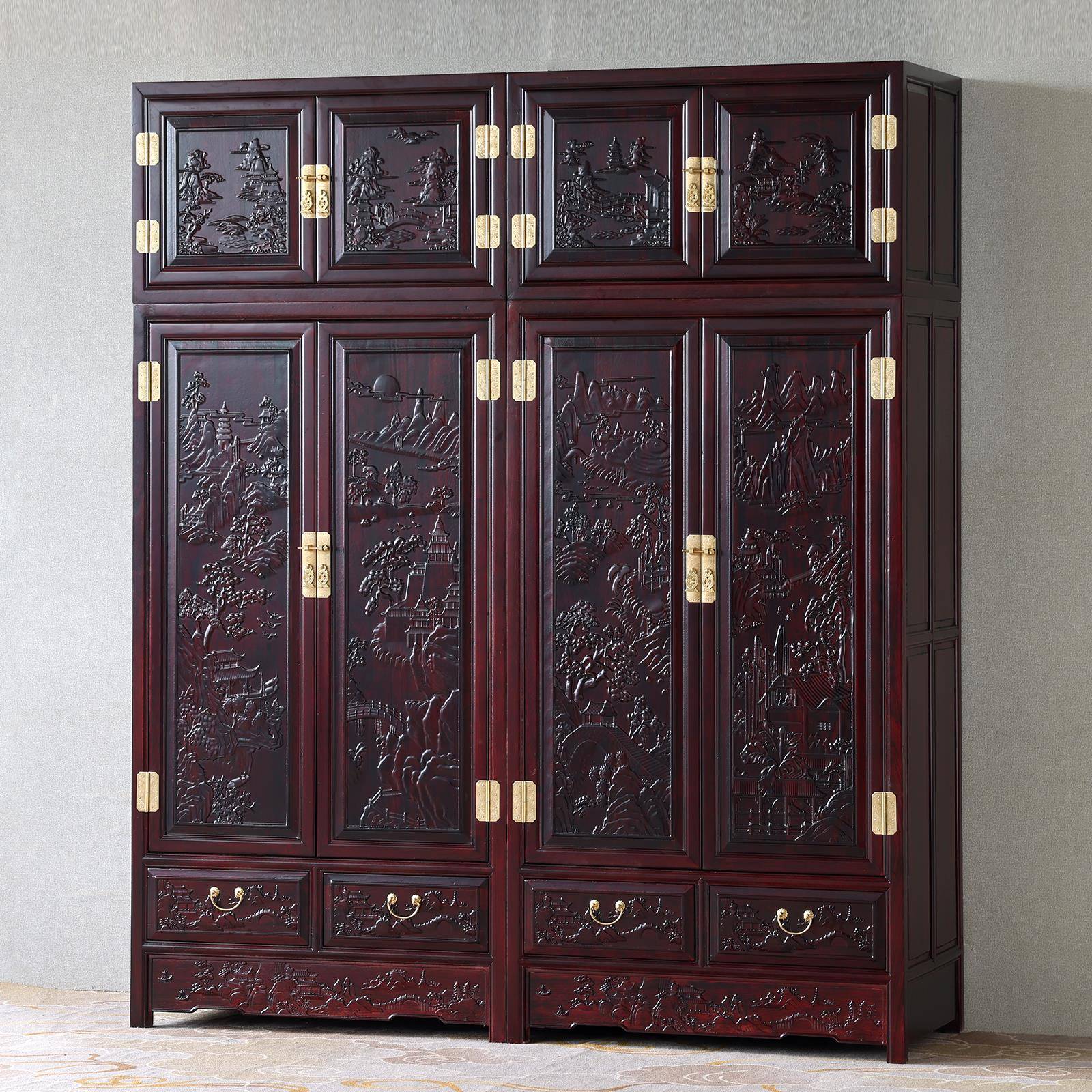 明清古典实木原木顶箱柜金花梨木雕花四门组合储物大衣柜卧室衣橱