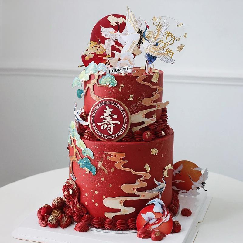 网红同款国潮风祝寿蛋糕装饰仙鹤祥云插件福寿字烘焙模具生日插牌