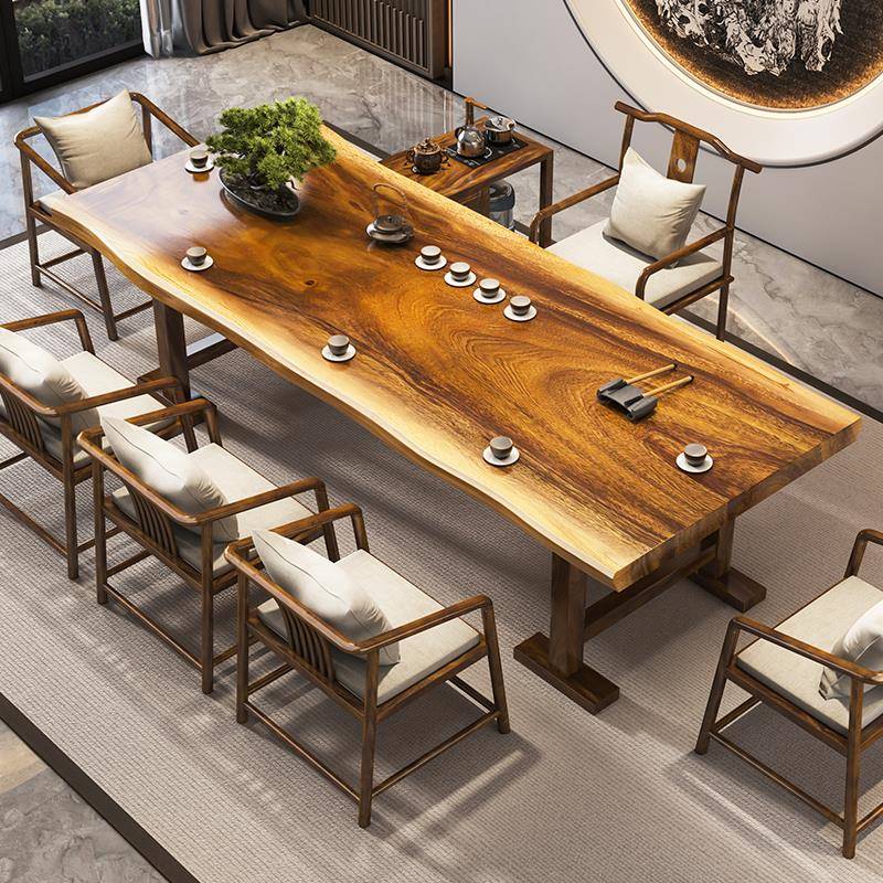 胡桃木大板实木茶桌新中式禅意办公室功夫泡茶台整板喝茶桌椅组合