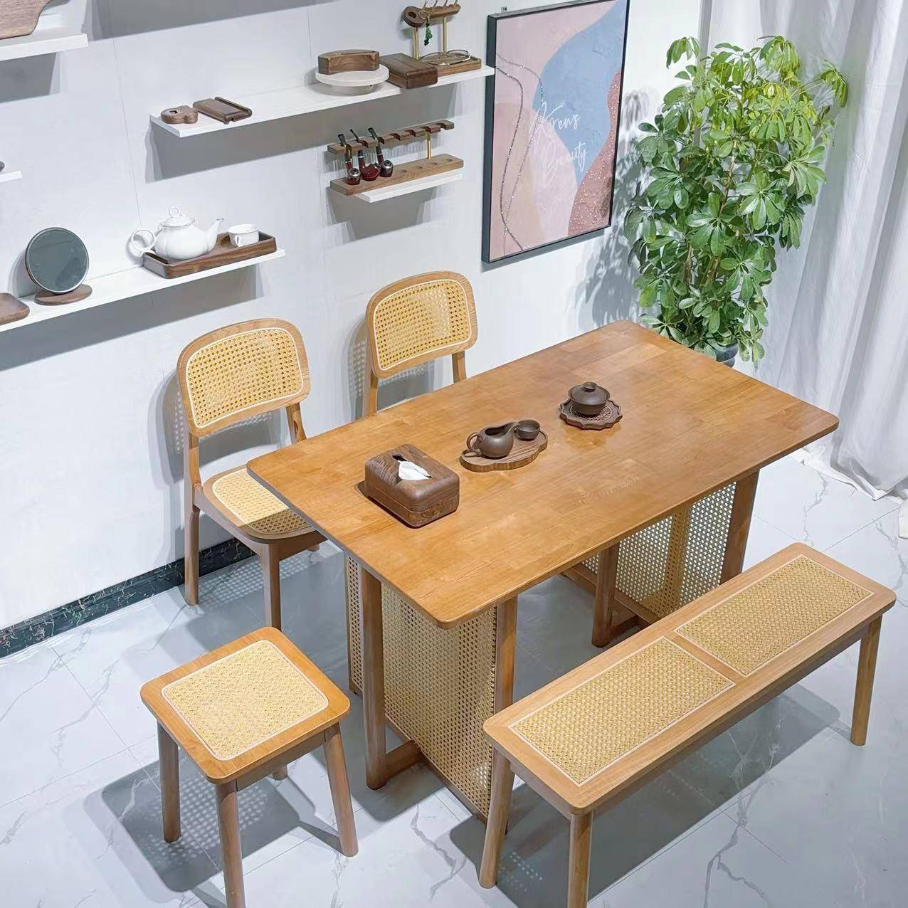 现代北欧简约实木桌子藤编圆桌茶几小户型长方形民宿餐厅家用轻奢