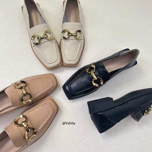 Velvia英伦风复古金属扣乐福鞋女百搭小皮鞋真皮方头粗跟软皮单鞋