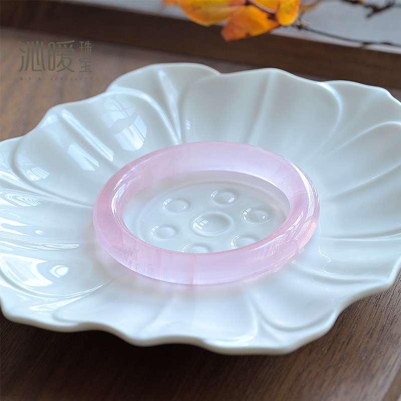 天然粉水晶手镯莫桑比克粉晶圆条镯子冰透细条粉白水晶镯女送闺蜜