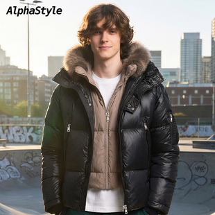 Alphastyle厚款双层连帽毛领可拆卸保暖羽绒服鹅绒外套防风男女款