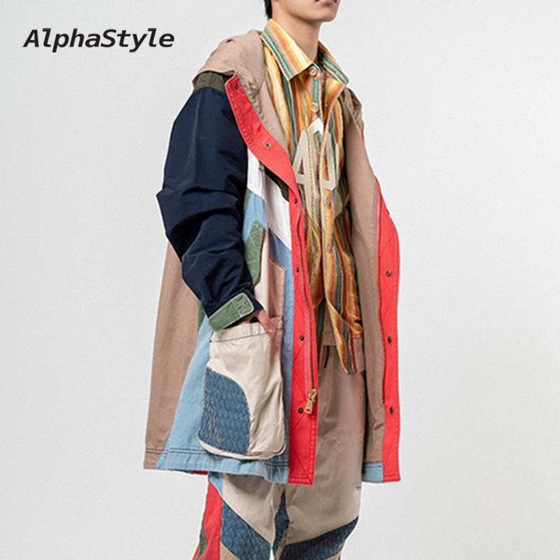 拉链几何图案连帽中长款外套夹克