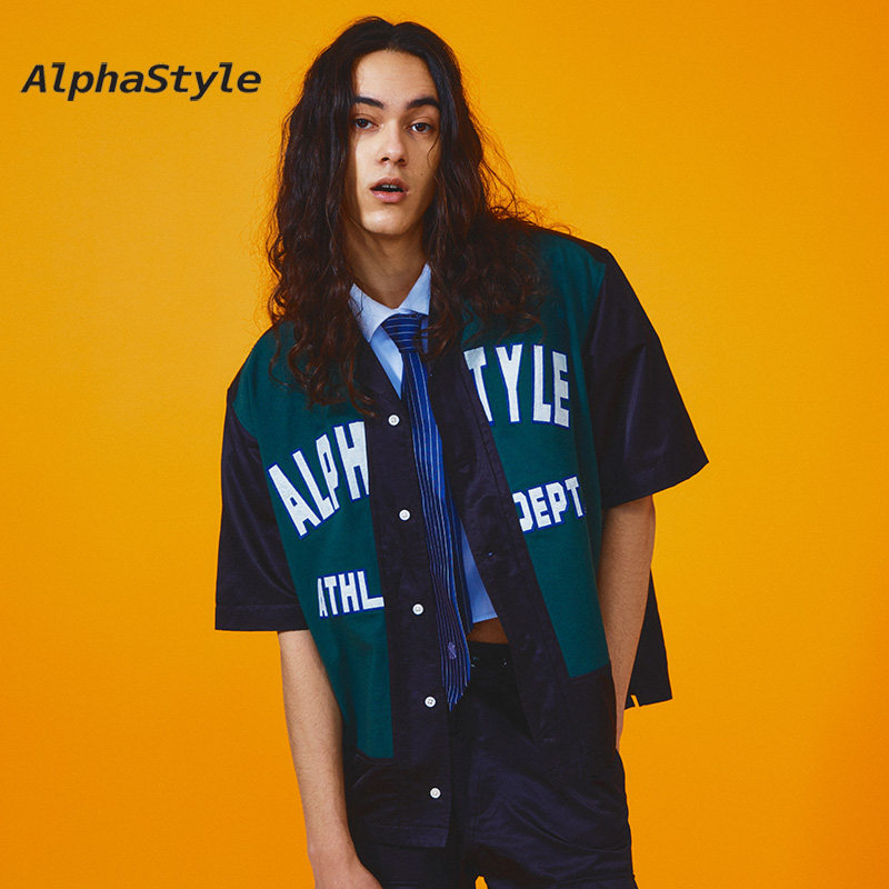 AlphaStyle夏季复古宽松百搭开衫短袖衬衫男女款新款上市时尚潮牌