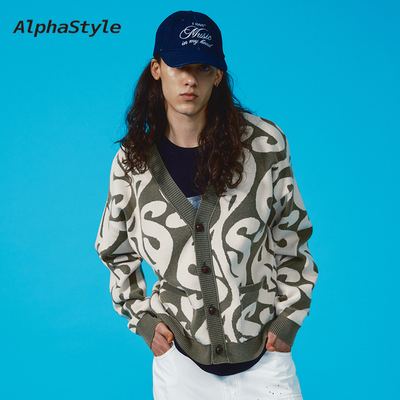 AlphaStyle冬印花宽松百搭针织衫