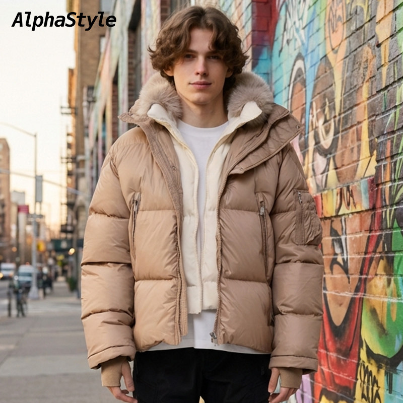 Alphastyle厚款双层连帽毛领可拆卸保暖羽绒服鹅绒外套防风男女款,男装,羽绒服,淘宝优惠券,粉丝福利购,淘宝优惠卷