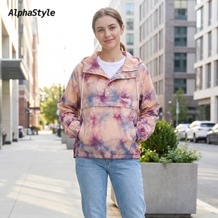 AlphaStyle夏季扎染防晒风衣国潮印花时尚连帽防风宽松男女潮牌