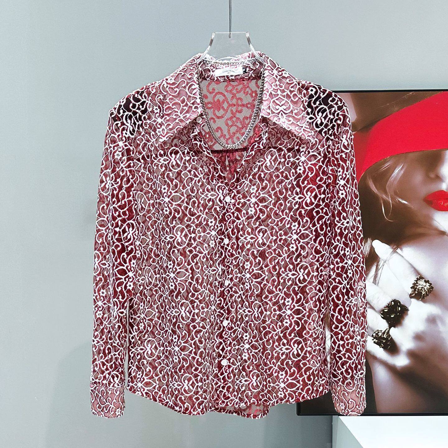 夏季设计蕾丝镂空透视薄款网纱花纹衬衣长袖韩版宽松防晒高级衬衫