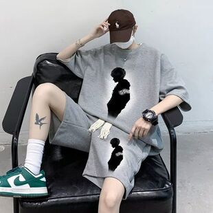 大码套装男青少年夏季冰丝短袖短裤男初高中学生夏装帅气一套搭配