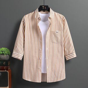 男士 寸衫 条纹七分袖 男百搭学院风中袖 潮流百搭泡泡布衬衣 衬衫 夏季