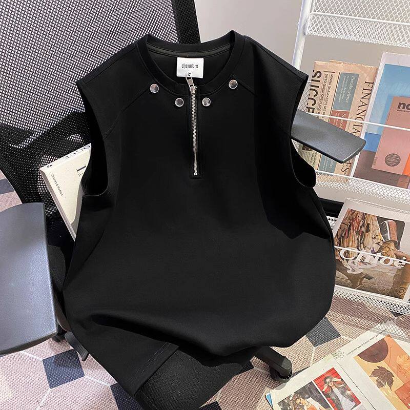 2026黑色半拉链铆钉背心男女款夏季潮流痞帅无袖T恤设计坎肩潮牌