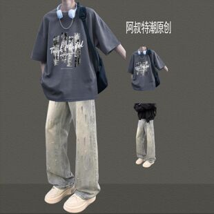 夏季短袖T恤套装青少年帅气高街潮男穿搭套装宽松帅气搭配两件套