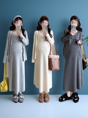 孕妇秋装连衣裙套装2025新款时尚镂空设计秋季针织开衫上衣两件套