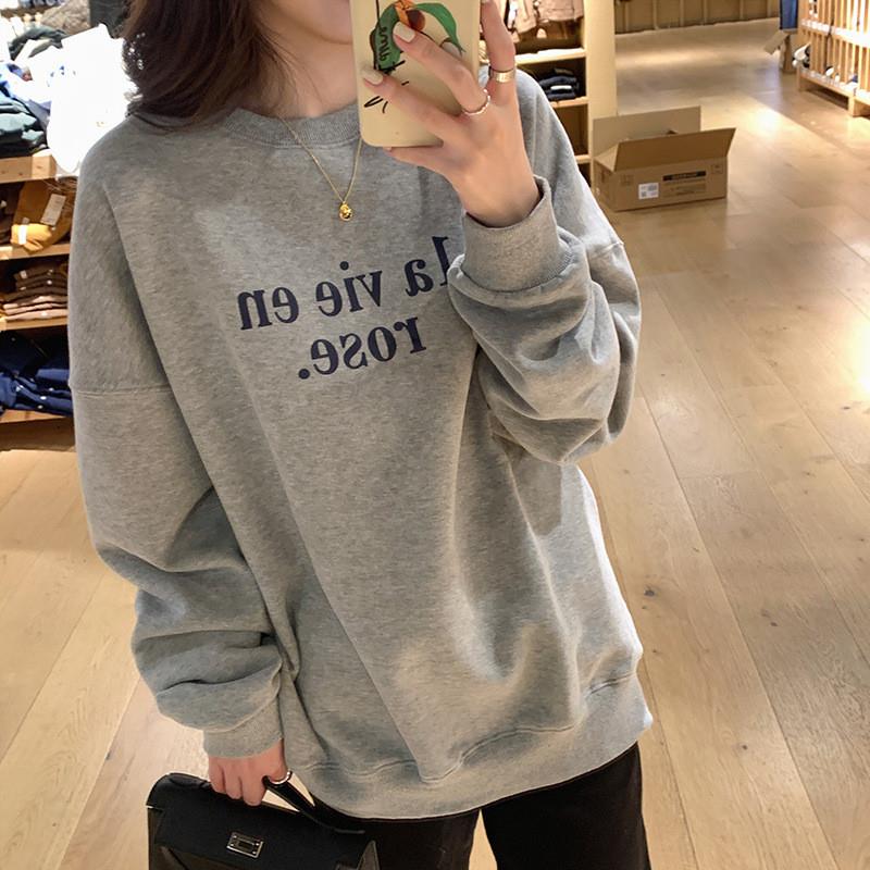 2025秋季新款长袖上衣圆领套头无帽oversize灰色卫衣外套女春秋款