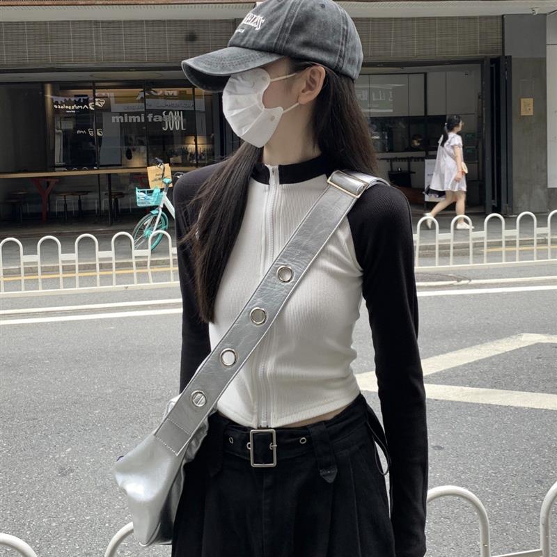 罗纹 2025秋季新品撞色拉链插肩设计感长袖开衫T恤女白色显瘦上衣