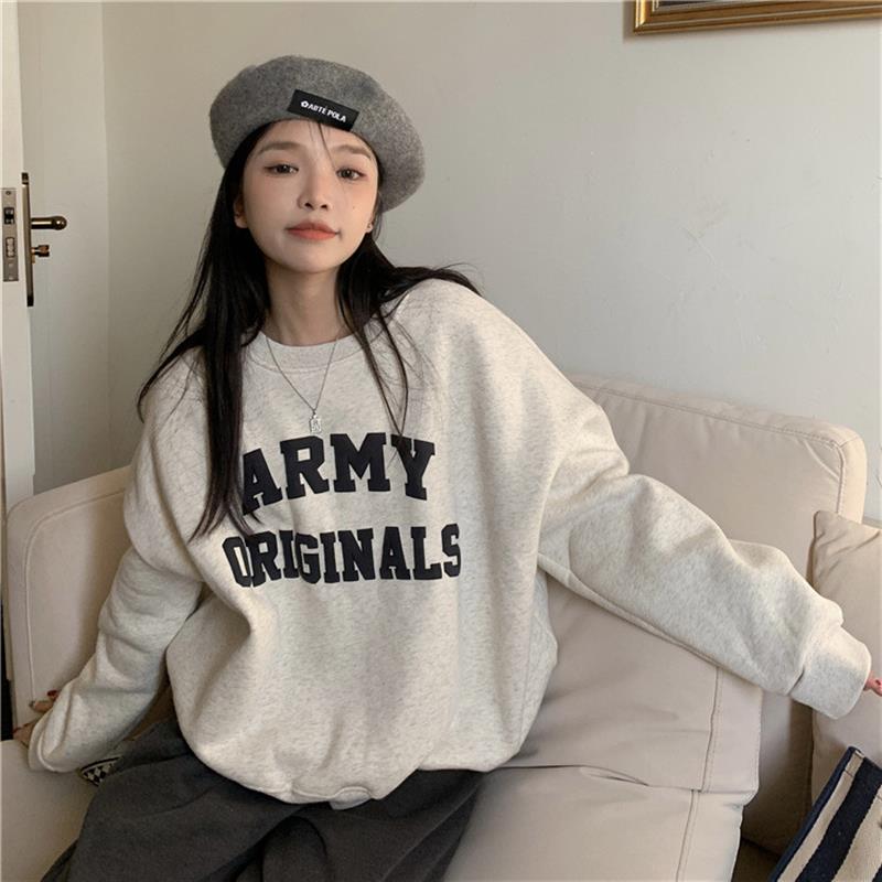 跨境秋冬原宿风加绒圆领卫衣女款字母印花宽松休闲风学生百搭上衣