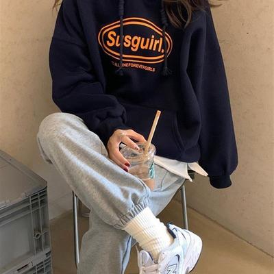 字母印花加绒藏青色卫衣女学生秋冬新款宽松连帽套头女上衣外套潮