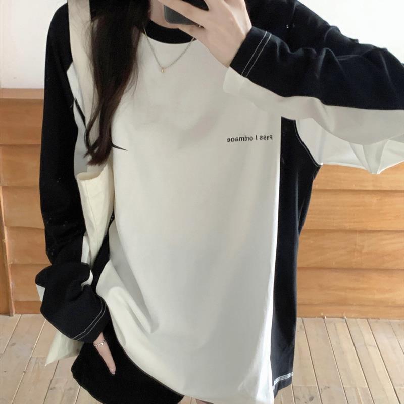 873#实拍 21支纯棉(100棉) 2025秋装长袖T恤女宽松印花大码