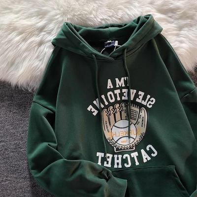 美式复古oversize大码慵懒风绿色卫衣女潮牌ins秋冬加绒连帽外套