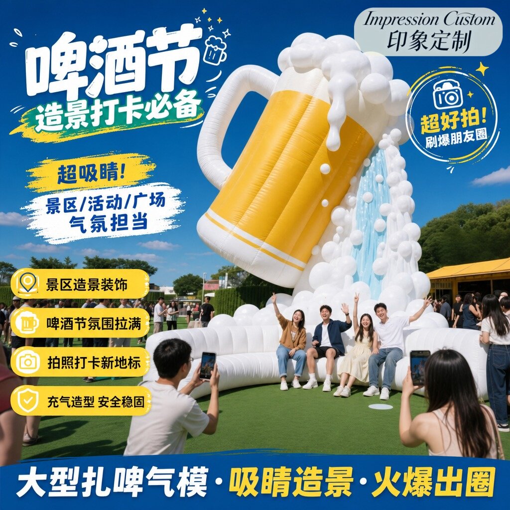 网红打卡巨型充气扎啤杯仿真啤酒瓶模型音乐节露营拍照装饰道具