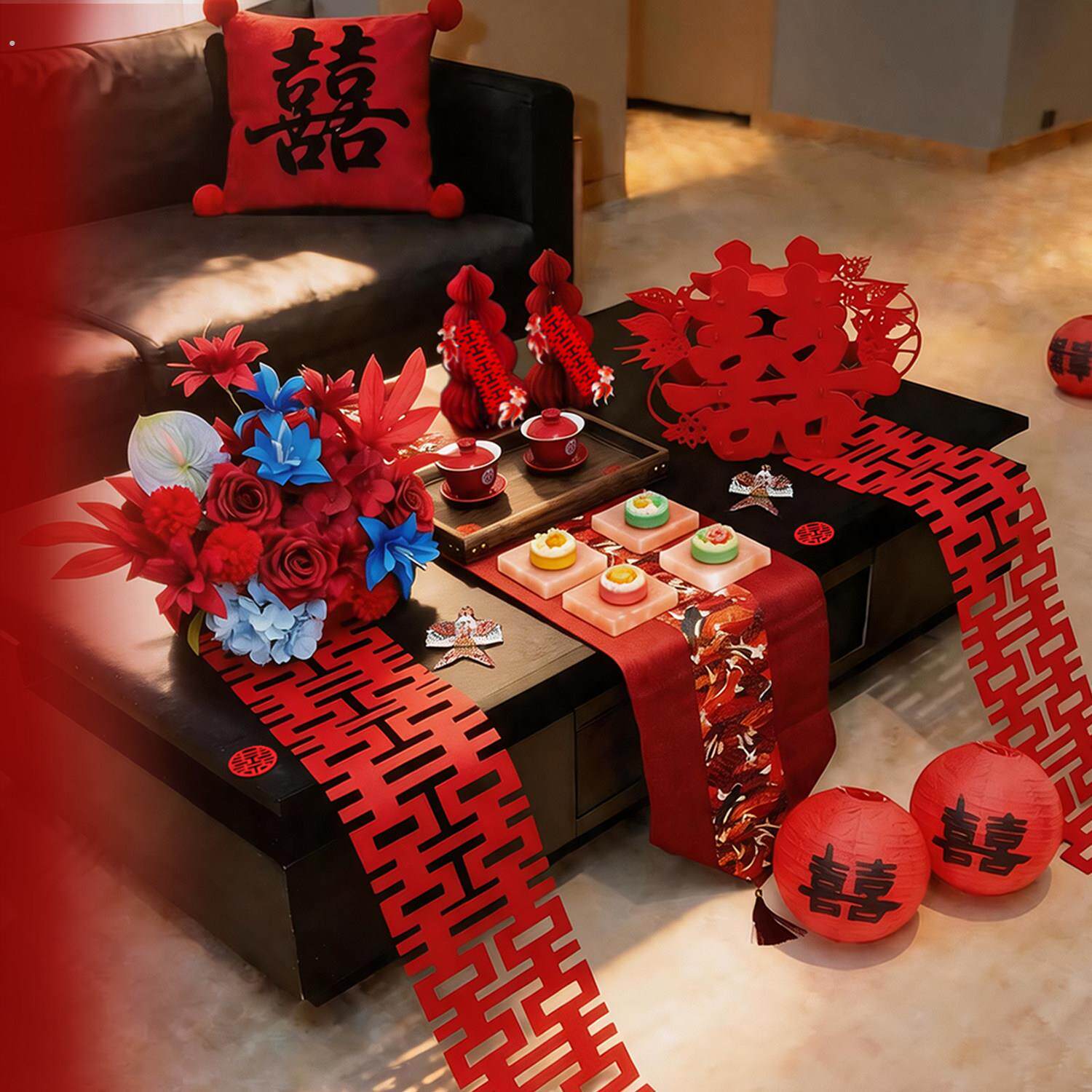 茶几婚房装饰订婚结婚布置立体喜字摆件客厅摆盘婚礼专用用品