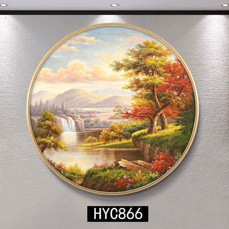 聚宝盆装饰画圆形挂画饭厅风景油画山水画客厅玄关走廊过道壁画