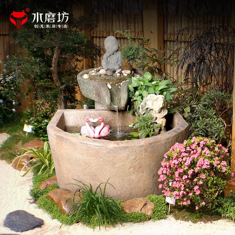 水磨坊创意大弯缸磨盘循环流水景观庭院花园仿木根养鱼池装饰摆件