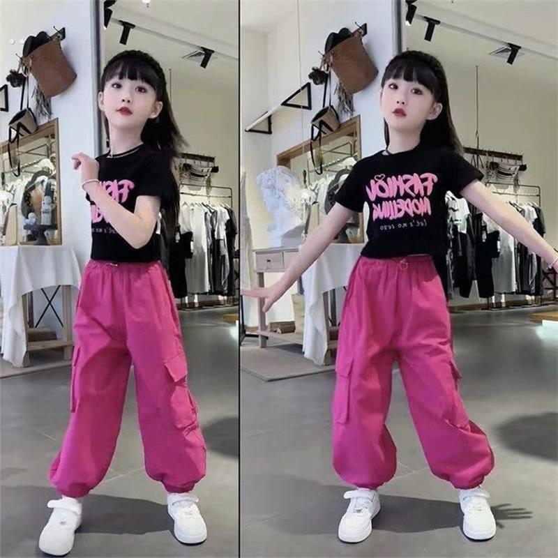 女童短袖工装裤两件套装网红炸街潮2025夏款时髦中大童T恤裤子潮
