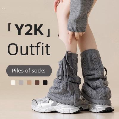 Y2k穿搭针织灰色腿套堆堆袜女款大码胖mm粗腿袜套小腿袜中筒长筒
