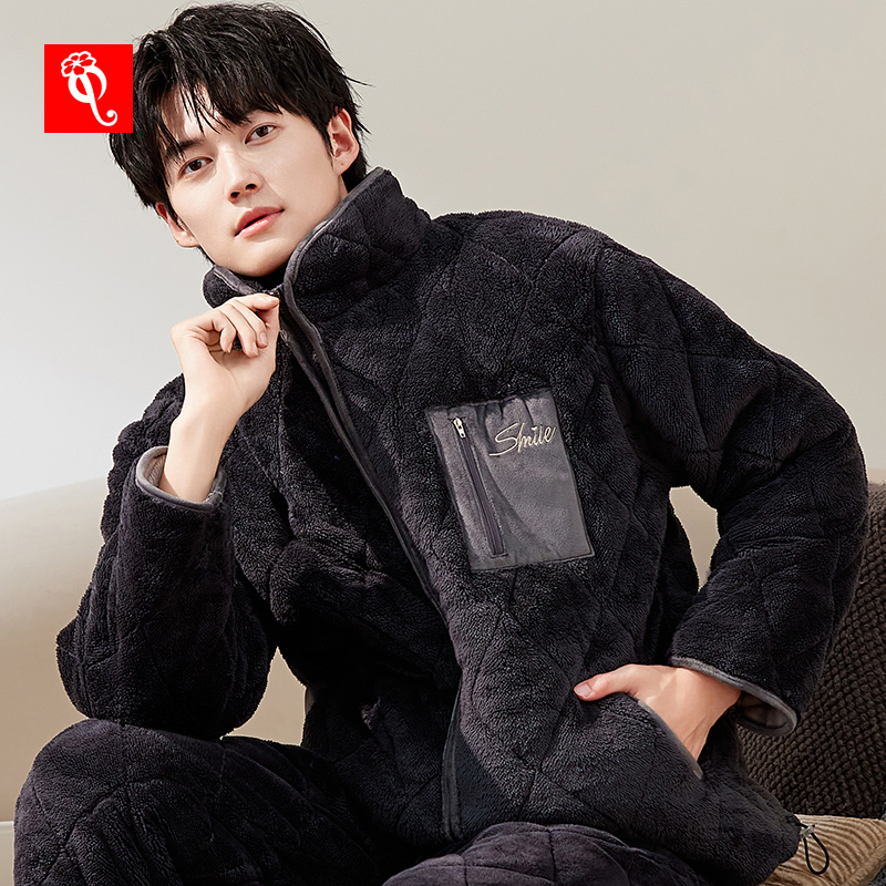新款珊瑚绒夹棉睡衣男士秋冬加厚