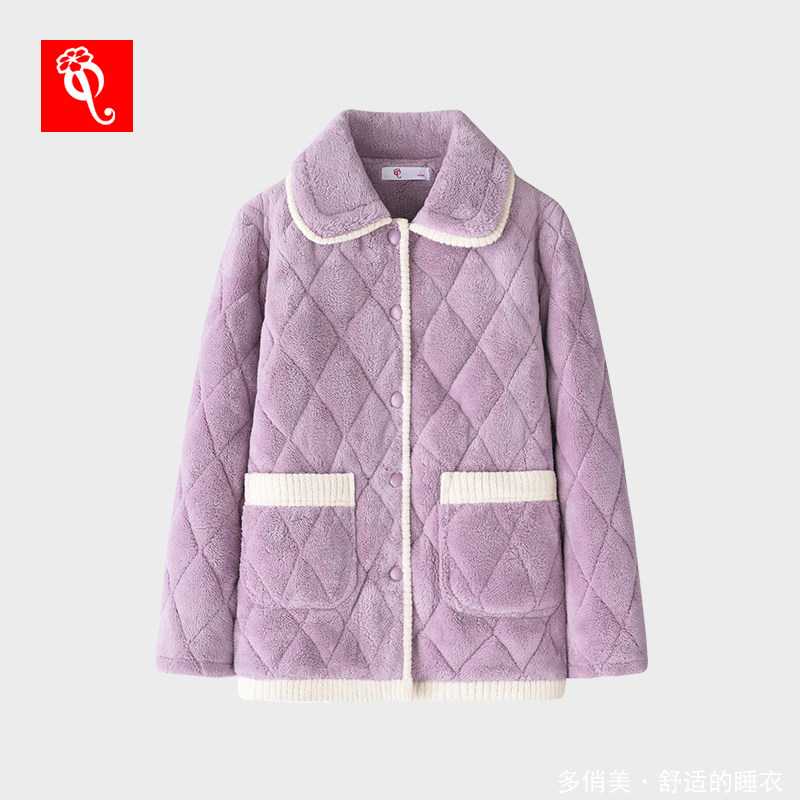夹棉单件睡衣女上装上衣冬季三层加厚加绒棉袄外套珊瑚绒家居服女