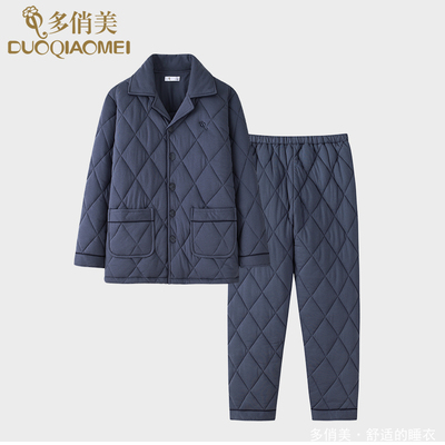 秋冬季睡衣纯棉夹棉三层加厚家居服男士保暖加大码冬天居家服套装
