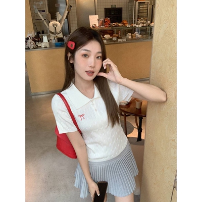 韩系甜美蝴蝶结麻花POLO领短袖T恤女春季新款内搭修身辣妹小上衣